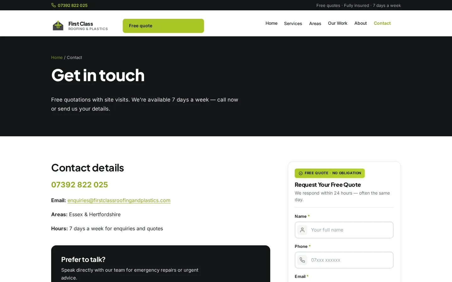 First Class Roofing contact page