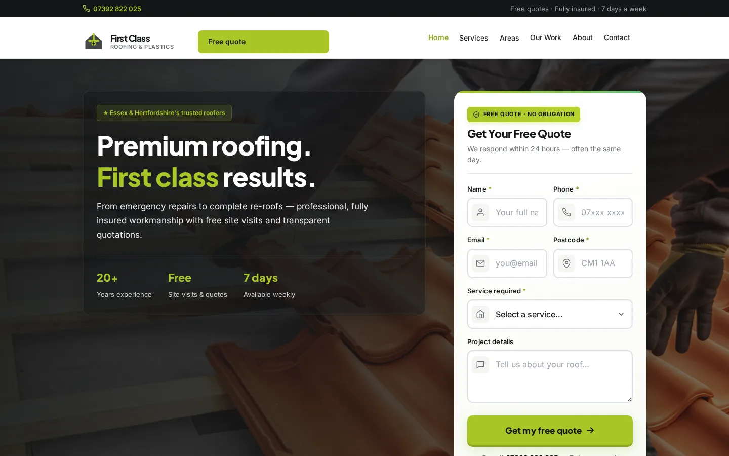 First Class Roofing & Plastics homepage preview