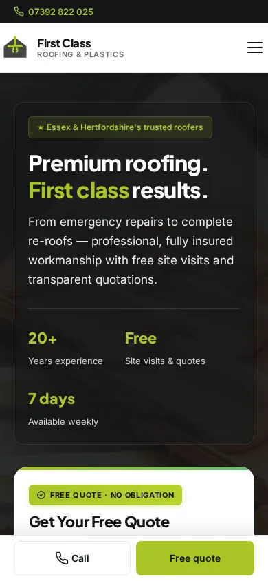 First Class Roofing mobile homepage