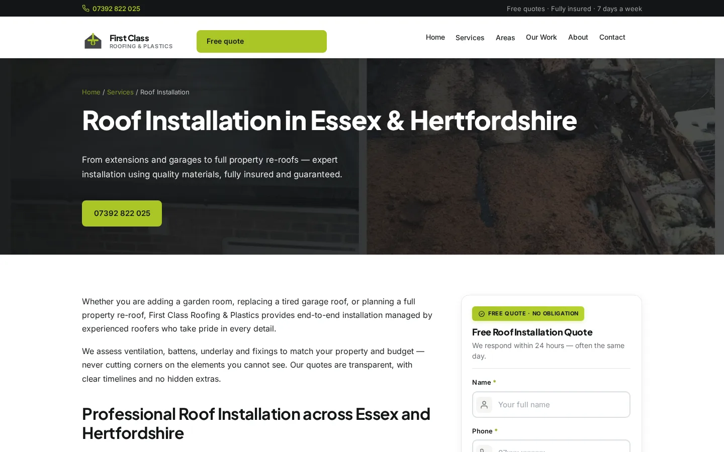 First Class Roofing service page